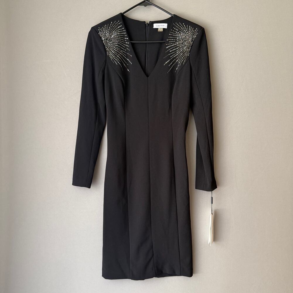 Calvin Klein Office Siren Academia Embellished‎ Sheath Dress 4 Black Cocktail